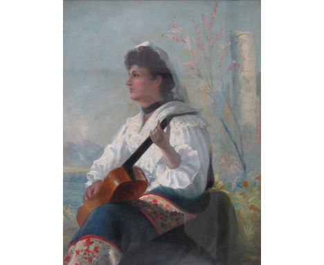 (19th Century) Portrait of a female Spanish musician, oil on canvas, in heavy gilt frame, under glass, 40 x 29 cm