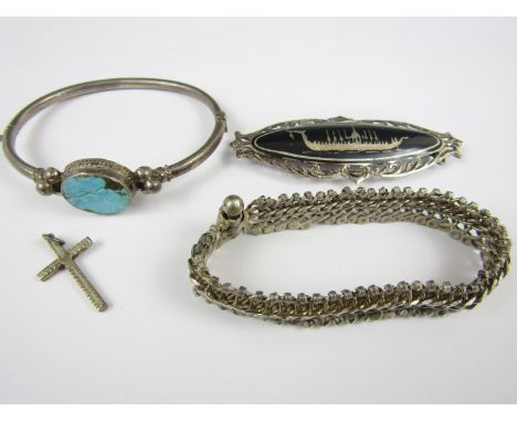 Vintage white metal jewellery, including turquoise bangle, a Thai white metal brooch, a cruciform pendant, and one other brac