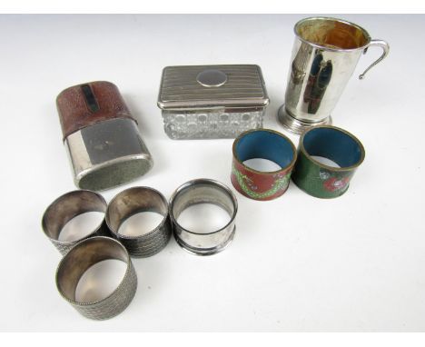 Electroplate hip flask, napkin rings, lidded box etc.