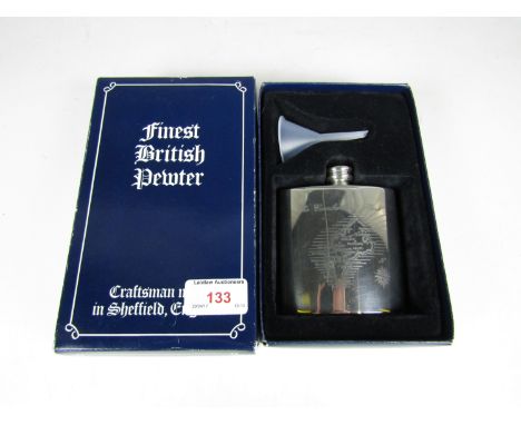 A boxed Cumberland pewter hip flask