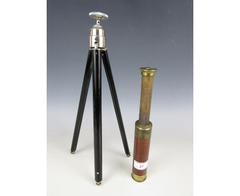 A Victorian mahogany and brass two-draw telescope together with an early 20th Century German camera tripod
