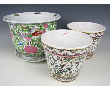 A large Chinese Famille Rose planter and stand together with two others