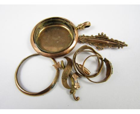 Sundry 9ct gold and yellow metal jewellery, including a Victorian bar brooch and gentleman's signet ring, all (a/f), 11g tota