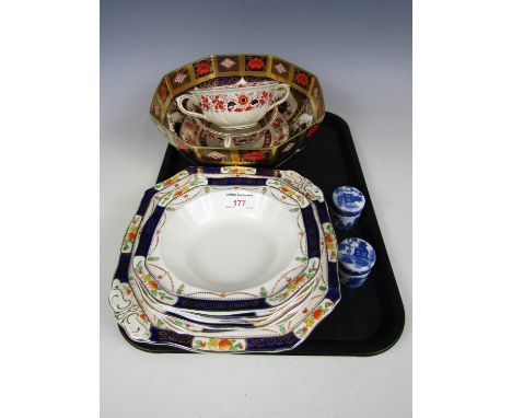 A Crown Derby bowl (a/f) together with two Masons soup bowls and saucers, a dessert set and two blue and white lidded trinket