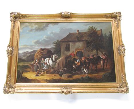 (20th Century) Large scale view of a 18th Century rural idyll with farm cottage and workers with haywains, oil on panel, in g