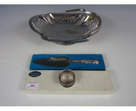 Electroplate basket, napkin ring and silver handled cake slice