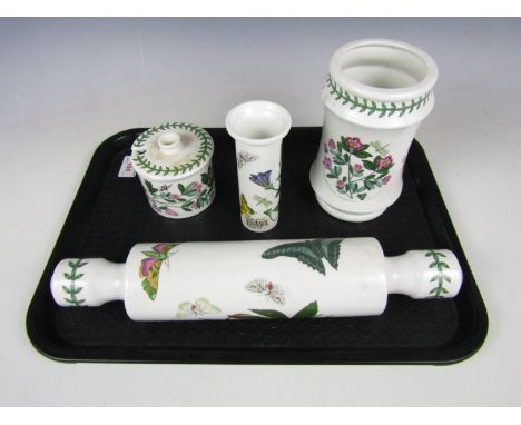 Four pieces of Portmeirion botanical wares including a rolling pin and a preserve pot etc.