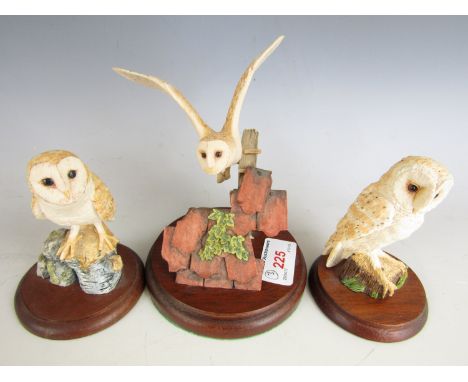 A Border Fine Arts figurine depicting a flying barn owl RB18 together with a barn owl M20, and a Chiltern barn owl WB03