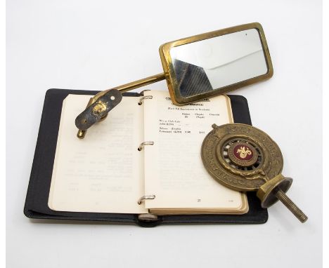 Vintage brass car wing mirror, Royal Automobile Club car mascot, vintage Ford manual for car prices and other mechanical info