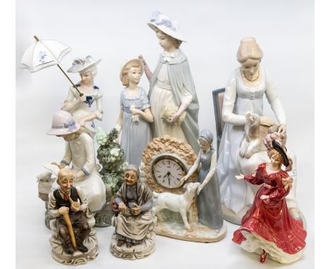 Two Nao figures; two Spanish figures including a clock; Royal Doulton lady; Continental lady, and two Capodimonte style figur