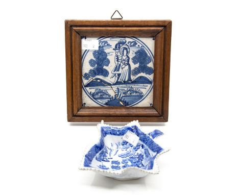 Early 19th Century pickle dish, blue and white Willow pattern, along with 19th Century Delft tile (framed)&nbsp;