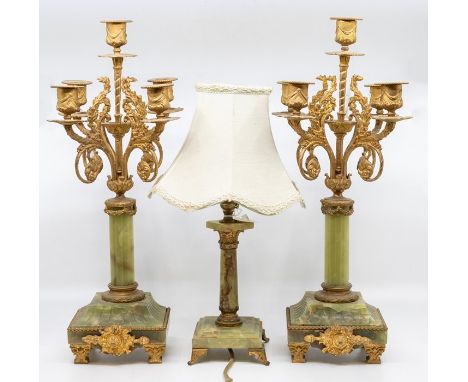 A pair of candlestick garnitures, green onyx, along with a table lamp*** Provenance: from the Estate of the late Sir John and