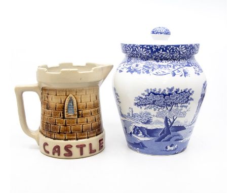 Modern Spode blue and white biscuit barrel along with Castle Beers water jug