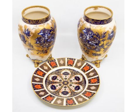 A pair of Carlton Ware ovoid vases, blue flowers with gilding, raised on four feet; and a Royal Crown Derby 1128 pattern dinn