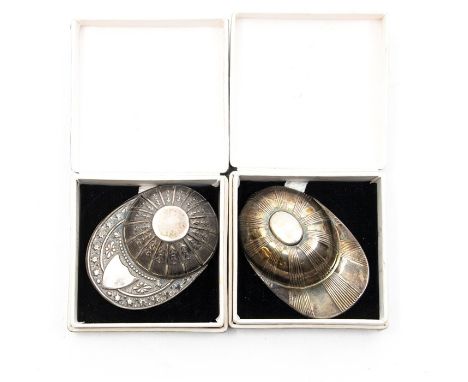 Two silver caddy spoons in the style of racing caps, Sheffield silver