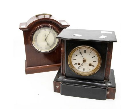 A Victorian slate mantel clock; and a 1930s mahogany mantel clock (2)