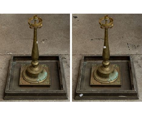 A pair of 19th Century brass gate lights, converted into electric with plinth surround, taken during new Derby ring road in 1