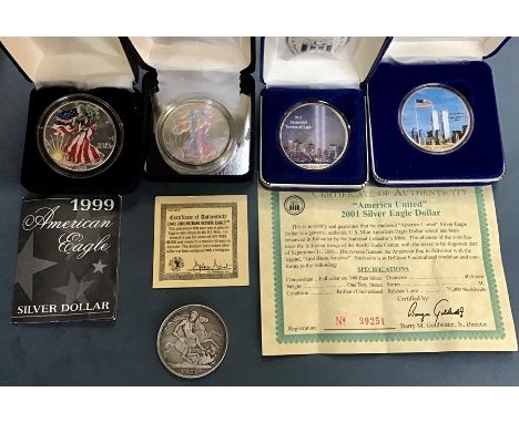 Pure Silver limited edition dollars with other coins, includes 2001 & 2002 World Trade Center memorial silver dollars, 2001 H