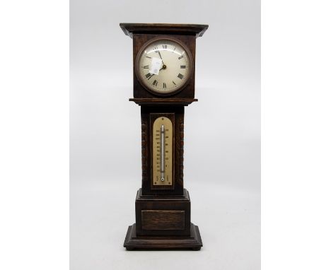 French 19th Century slate mantel clock, with open face, Paris, along with mid 20th Century miniature long case clock with bar