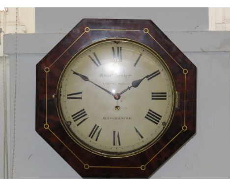 Good quality early wall clock by Richard Barlow, 21 old Millgate Manchester, striking on a bell, mahogany vernier with inlaid