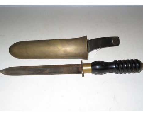 Early 20th century divers knife with brass scabbard by Siebe Gorman &amp; co, Double edged blade on a ribbed &amp; turned ebo