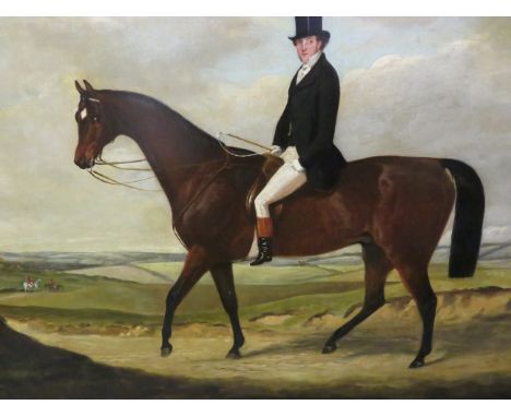 19th century oil on board, equestrian scene, gentleman on horseback in period clothing with further riders in the distant lan