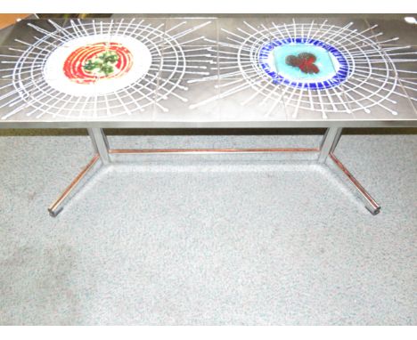 Mid century, retro tile-top-table with inlaid and chrome coffee table 123cm