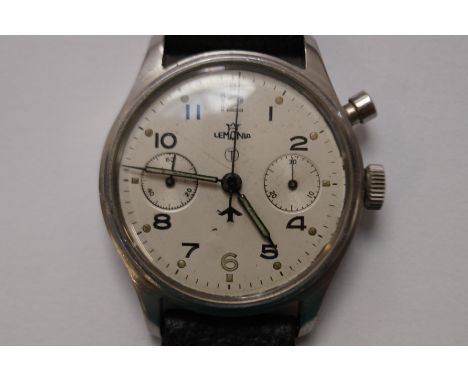 Gents Lemania military issue wristwatch, sunken subsidiary dials at 3 and 9, crows foot just below centre, circled letter t j