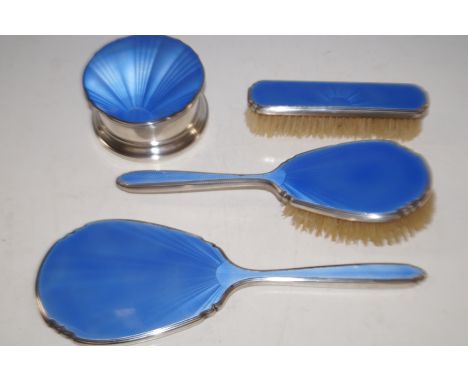 1930's art deco silver and guilloche enamel dressing table set comprising hair brush, clothes brush, hand mirror and mirrored