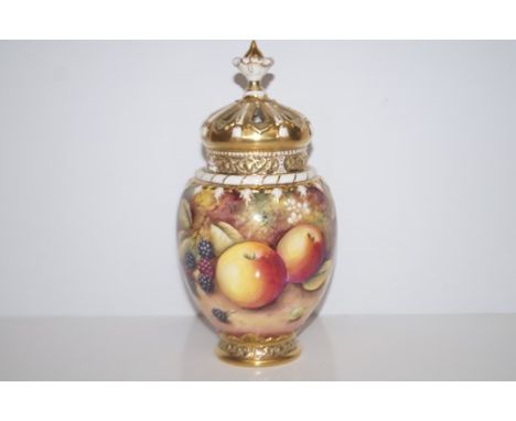 Royal Worcester hand painted Fruit Study potpourri jar with reticulated cover and inner lid, signed T Nutt, height 25cm (Reli