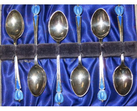 Set of 6 silver &amp; enamel spoons, Birmingham hallmark 