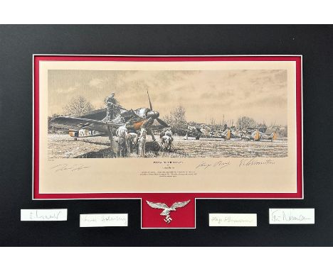 World War II multi signed 24x16 mounted limited edition print titled Preparing the Wolves signed in pencil by the artist Robe