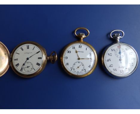 A Breitling stop watch and two gold plated pocket watches. (3)