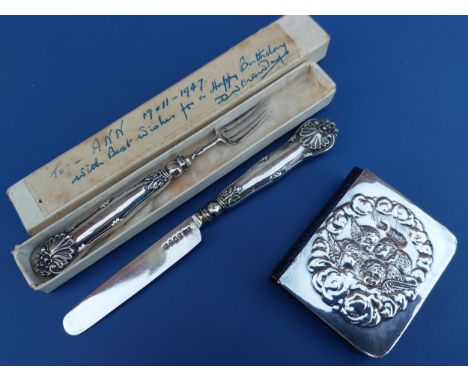 A silver-backed Common Prayer book together with a child's silver knife &amp; fork. (3)