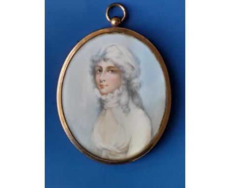A George III oval watercolour  half length portrait miniature on ivory, depicting a young lady in white with high frilled col