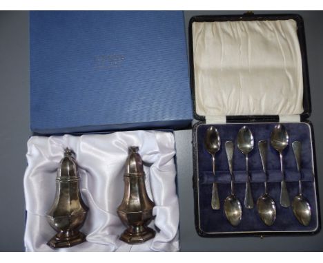 A modern boxed silver octagonal plan salt &amp; pepper pair - Sheffield marks, together with a cased set of six plain Birming