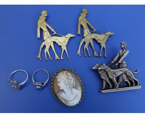 A Bernard Ingstone silver ring, two cut brass Vogue Magazine art deco figural brooches and three other pieces. (6)