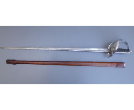 A George V 1897 pattern sword with 32" blade in leather bound field service scabbard.