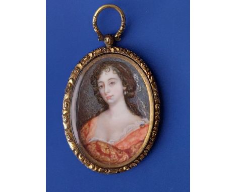 An oval watercolour head &amp; shoulders portrait miniature on ivory, depicting a 17thC lady in orange-trimmed dress, 1.75" h