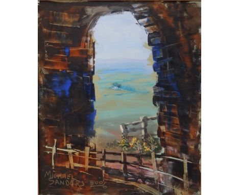 Michael Sanders (British, Contemporary) - mixed media on paper - View through a stone arch, signed &amp; dated 2006,  15" x 1