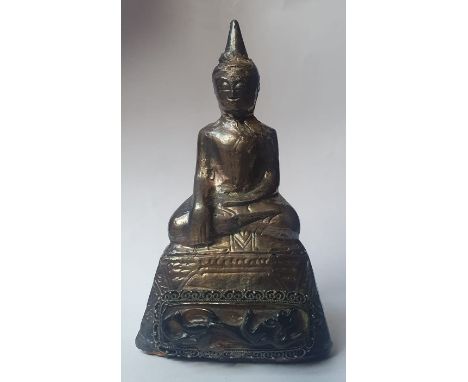 A small Asian Buddha in silver overlaid with a Chinese brown jade panel, 3.5".
