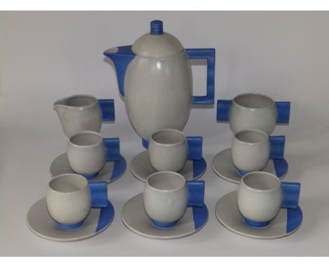 A 15 piece Carlton Ware 'Moderne' blue &amp; white coloured coffee set - 1246, the coffee pot 7.5" high.