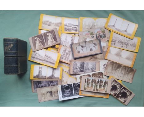 A quantity of various stereoscope cards on varied subjects in associated case.