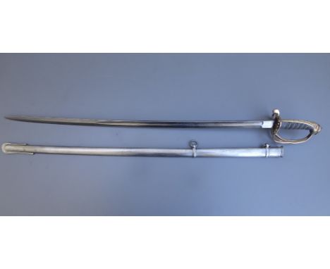 A Victorian  Derby Militia sword by Hawkes &amp; Co with 32" blade in scabbard, the hilt inscribed 'W. Jessopp 1st Derby Mili