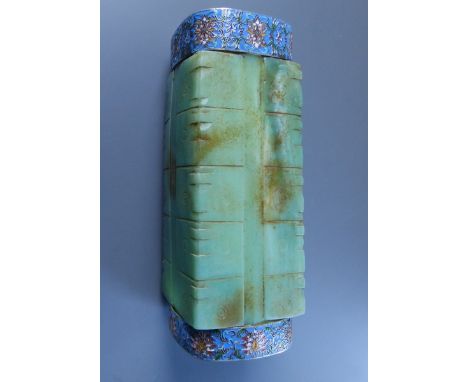 A large square section jade dried flower vase with flower scroll decorated silver mounts to rims, 11.75"