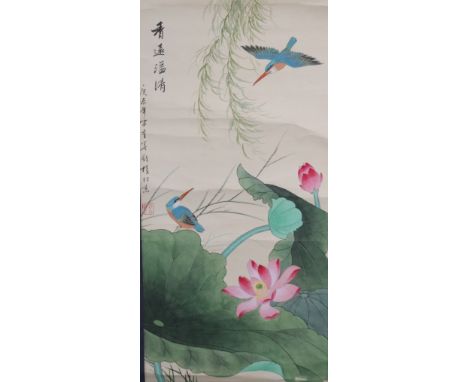 A large attractive hand painted Chinese Wall Panel or Scroll, depicting a kingfisher bird resting by a magnolia flower and an