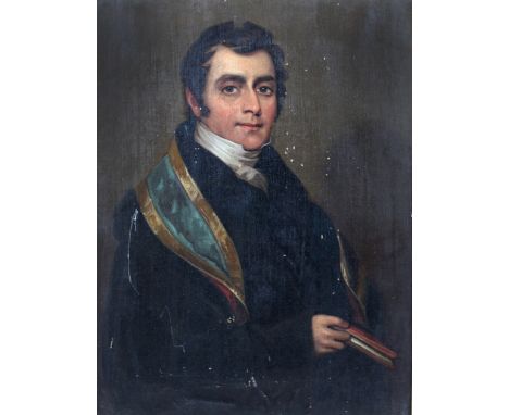 Follower of Thomas Philips, R.A. (1770 - 1845)Half length, "Portrait of Bishop Baines, holding a book," O.O.C., 44cms x 34cms