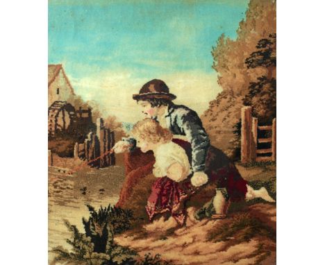 An attractive 19th Century Tapestry Picture, "Children relaxing near a Castle Ruin," 47cms x 40cms (18 1/2" x 15 1/2") wooden