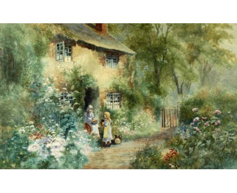 Arthur Stanley Wilkinson (British 1860 - 1930)Watercolour: "North Devon Cottage," depicting a mother and daughter by a cottag