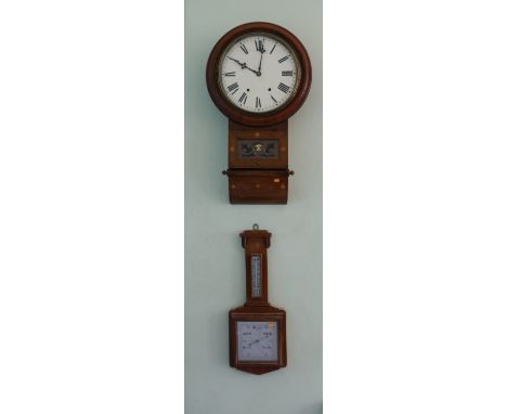 An Edwardian inlaid circular Wall Clock, with Roman numerals; together with a square dial barometer. (1)